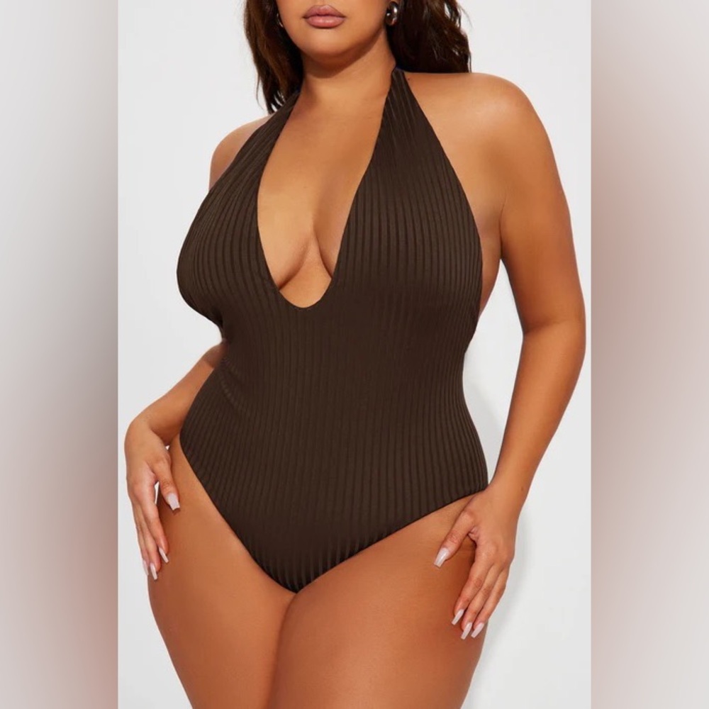 Fashion Nova Ribbed Halter One-Piece Swimsuit - Dark Brown